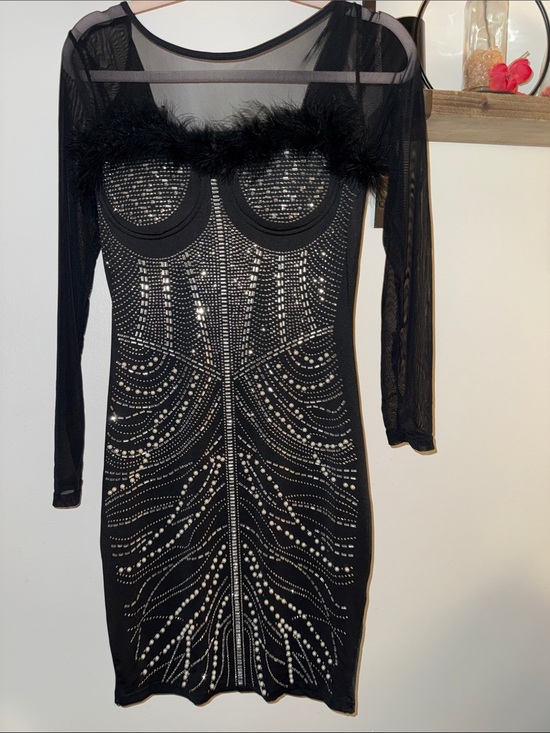Hl Dresses & Skirts - Black Embellished Mini Dress with Feather Trim